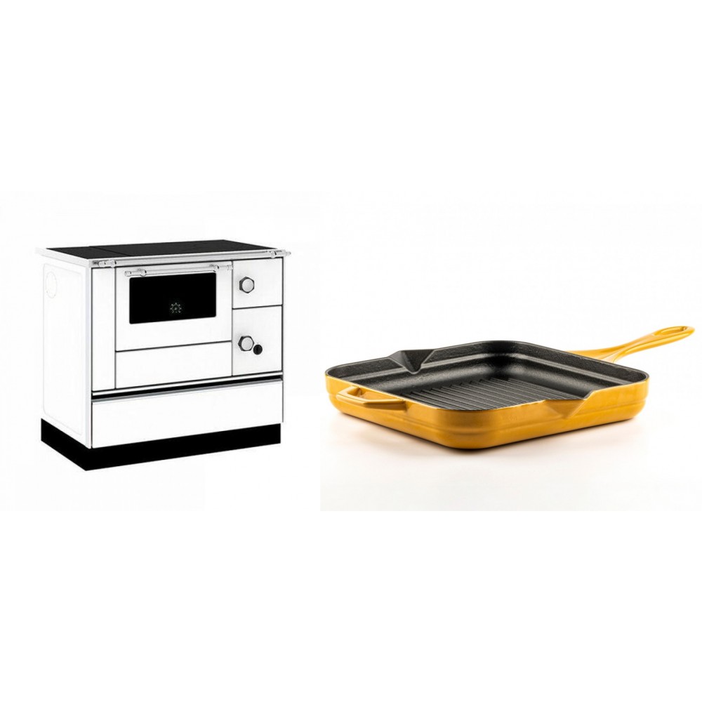 Set Küchenofen / Küchenhexe mit Backofen und Kochplatte Alfa Plam, Modell Alfa 90 H Favorit Weiß, Leistung 6.4kW + Emaillierte grillpfanne Gusseisen Solagio, Dijon, 28х28cm