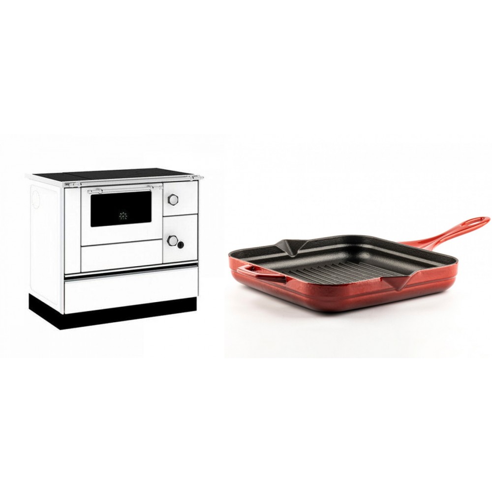 Set Küchenofen / Küchenhexe mit Backofen und Kochplatte Alfa Plam, Modell Alfa 90 H Favorit Weiß, Leistung 6.4kW + Emaillierte grillpfanne Gusseisen Solagio, Rubin, 28x28cm