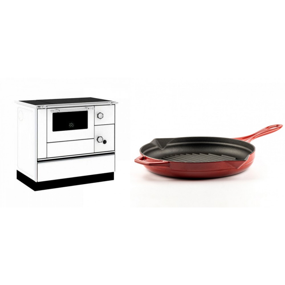Set Küchenofen / Küchenhexe mit Backofen und Kochplatte Alfa Plam, Modell Alfa 90 H Favorit Weiß, Leistung 6.4kW + Emaillierte grillpfanne Gusseisen Solagio, Rubin, Ф28cm