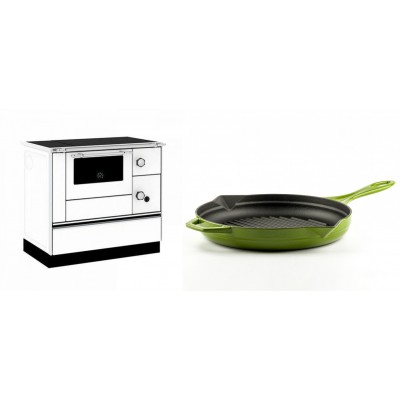 Set Küchenofen / Küchenhexe mit Backofen und Kochplatte Alfa Plam, Modell Alfa 90 H Favorit Weiß, Leistung 6.4kW + Emaillierte grillpfanne Gusseisen Solagio, Bamboo, Ф28cm - Kaminofen - Holzofen mit Backfach
