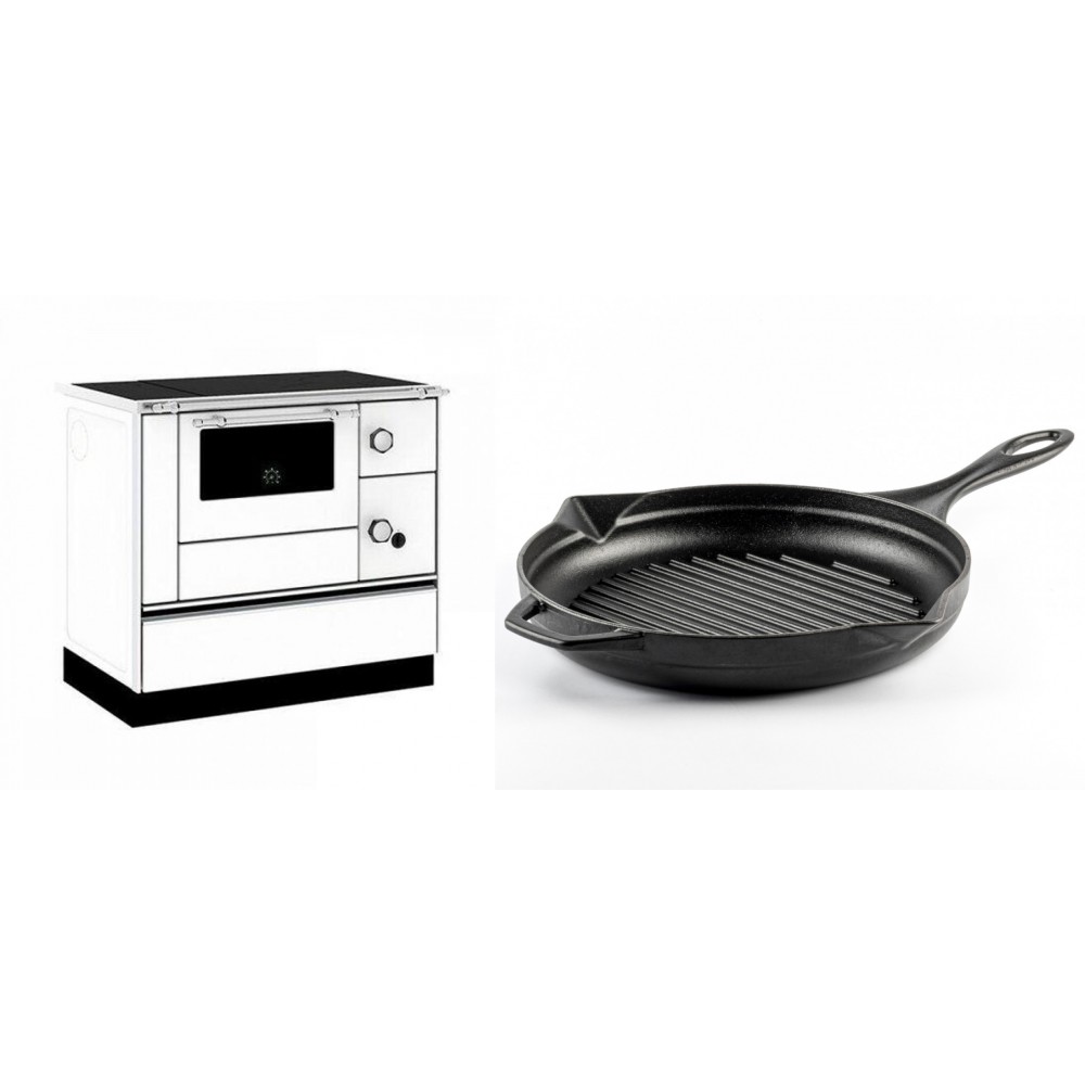 Set Küchenofen / Küchenhexe mit Backofen und Kochplatte Alfa Plam, Modell Alfa 90 H Favorit Weiß, Leistung 6.4kW + Emaillierte grillpfanne Gusseisen Solagio, Black Onyx, Ф28cm