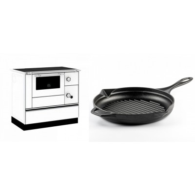 Set Küchenofen / Küchenhexe mit Backofen und Kochplatte Alfa Plam, Modell Alfa 90 H Favorit Weiß, Leistung 6.4kW + Emaillierte grillpfanne Gusseisen Solagio, Black Onyx, Ф28cm - Kaminofen - Holzofen mit Backfach