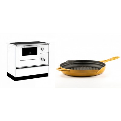 Set Küchenofen / Küchenhexe mit Backofen und Kochplatte Alfa Plam, Modell Alfa 90 H Favorit Weiß, Leistung 6.4kW + Emaillierte grillpfanne Gusseisen Solagio, Dijon, Ф28cm - Kaminofen - Holzofen mit Backfach