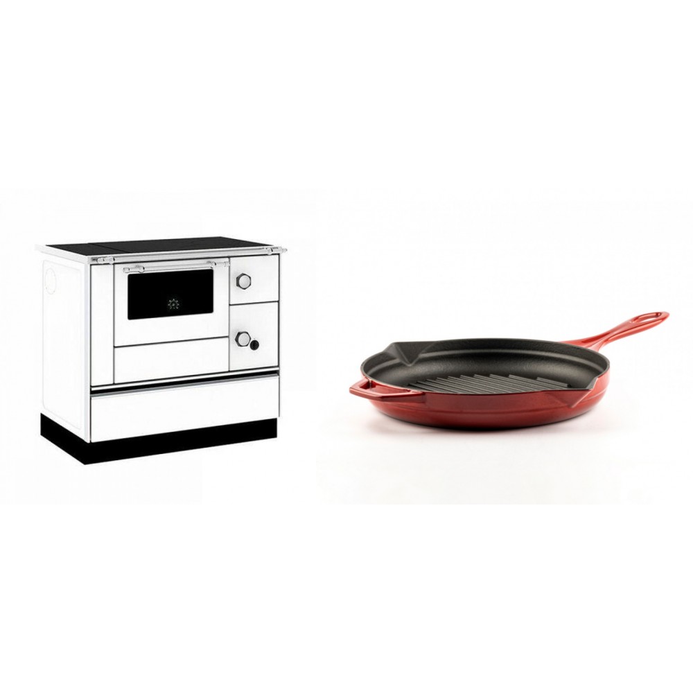 Set Küchenofen / Küchenhexe mit Backofen und Kochplatte Alfa Plam, Modell Alfa 90 H Favorit Weiß, Leistung 6.4kW + Emaillierte grillpfanne Gusseisen Solagio, Rubin, Ф24cm | Kaminofen - Holzofen mit Backfach | Kaminofen |