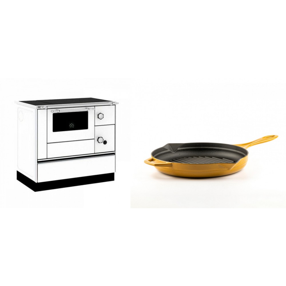 Set Küchenofen / Küchenhexe mit Backofen und Kochplatte Alfa Plam, Modell Alfa 90 H Favorit Weiß, Leistung 6.4kW + Emaillierte grillpfanne Gusseisen Solagio, Dijon, Ф24cm