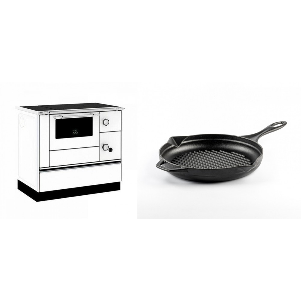 Set Küchenofen / Küchenhexe mit Backofen und Kochplatte Alfa Plam, Modell Alfa 90 H Favorit Weiß, Leistung 6.4kW + Emaillierte grillpfanne Gusseisen Solagio, Black Onyx, Ф24cm | Kaminofen - Holzofen mit Backfach | Kaminofen |