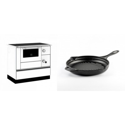 Set Küchenofen / Küchenhexe mit Backofen und Kochplatte Alfa Plam, Modell Alfa 90 H Favorit Weiß, Leistung 6.4kW + Emaillierte grillpfanne Gusseisen Solagio, Black Onyx, Ф24cm - Kaminofen - Holzofen mit Backfach
