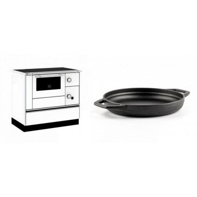 Set Küchenofen / Küchenhexe mit Backofen und Kochplatte Alfa Plam, Modell Alfa 90 H Favorit Weiß, Leistung 6.4kW + Emaillierte gusseisenpfanne mit zwei Griffen Solagio, Black Onyx, Ф22cm - Kaminofen - Holzofen mit Backfach