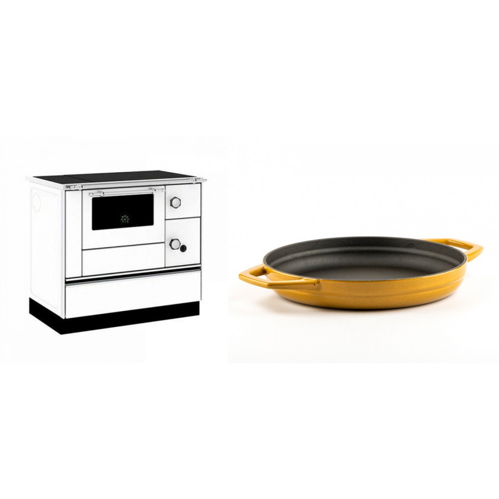 Set Küchenofen / Küchenhexe mit Backofen und Kochplatte Alfa Plam, Modell Alfa 90 H Favorit Weiß, Leistung 6.4kW + Emaillierte gusseisenpfanne mit zwei Griffen Solagio, Dijon, Ф22cm