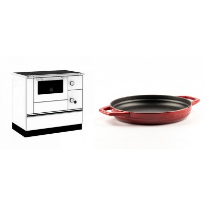 Set Küchenofen / Küchenhexe mit Backofen und Kochplatte Alfa Plam, Modell Alfa 90 H Favorit Weiß, Leistung 6.4kW + Emaillierte gusseisenpfanne mit zwei Griffen Solagio, Rubin, Ф22cm - Kaminofen - Holzofen mit Backfach
