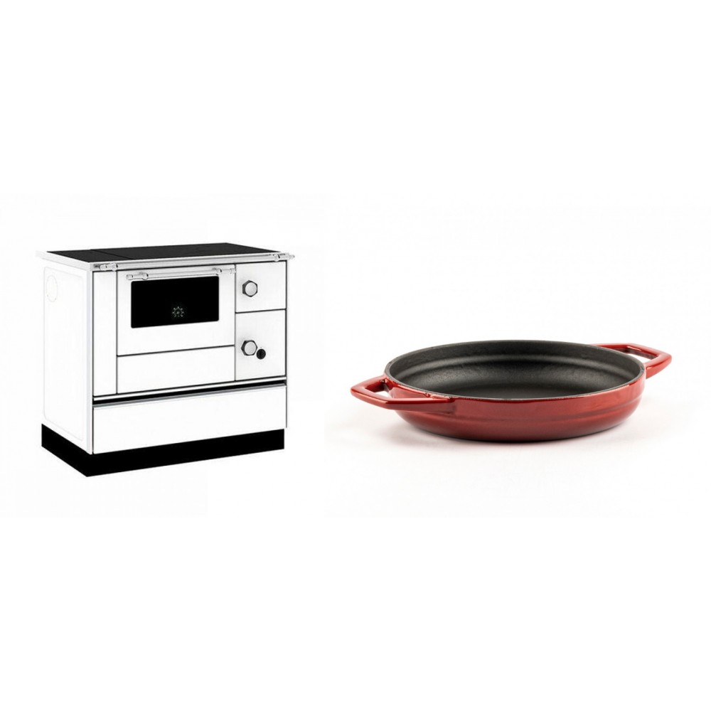 Set Küchenofen / Küchenhexe mit Backofen und Kochplatte Alfa Plam, Modell Alfa 90 H Favorit Weiß, Leistung 6.4kW + Emaillierte gusseisenpfanne mit zwei Griffen Solagio, Rubin, Ф19cm