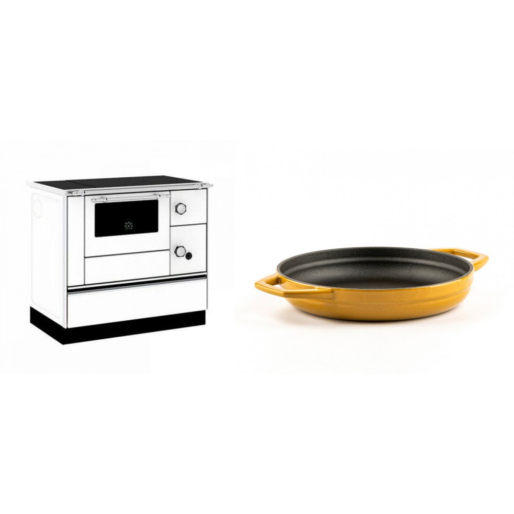 Set Küchenofen / Küchenhexe mit Backofen und Kochplatte Alfa Plam, Modell Alfa 90 H Favorit Weiß, Leistung 6.4kW + Emaillierte gusseisenpfanne mit zwei Griffen Solagio, Dijon, Ф19cm