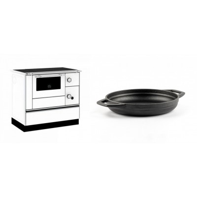 Set Küchenofen / Küchenhexe mit Backofen und Kochplatte Alfa Plam, Modell Alfa 90 H Favorit Weiß, Leistung 6.4kW + Emaillierte gusseisenpfanne mit zwei Griffen Solagio, Black Onyx, Ф19cm - Kaminofen - Holzofen mit Backfach