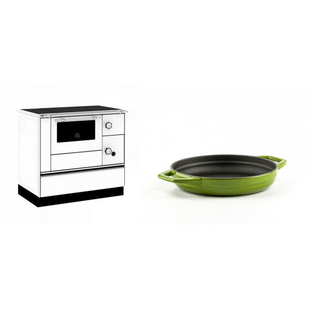 Set Küchenofen / Küchenhexe mit Backofen und Kochplatte Alfa Plam, Modell Alfa 90 H Favorit Weiß, Leistung 6.4kW + Emaillierte gusseisenpfanne mit zwei Griffen Solagio, Bamboo, Ф16cm