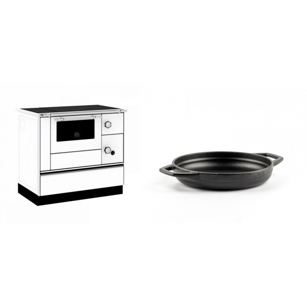 Set Küchenofen / Küchenhexe mit Backofen und Kochplatte Alfa Plam, Modell Alfa 90 H Favorit Weiß, Leistung 6.4kW + Emaillierte gusseisenpfanne mit zwei Griffen Solagio, Black Onyx, Ф16cm | Kaminofen - Holzofen mit Backfach | Kaminofen |