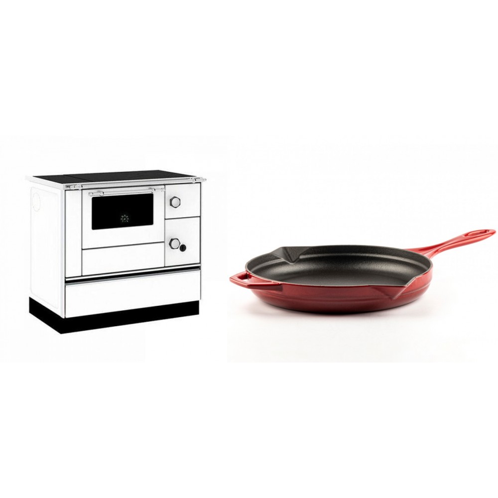 Set Küchenofen / Küchenhexe mit Backofen und Kochplatte Alfa Plam, Modell Alfa 90 H Favorit Weiß, Leistung 6.4kW + Emaillierte Gusseisenpfanne Solagio, Rubin, Ф28cm | Kaminofen - Holzofen mit Backfach | Kaminofen |
