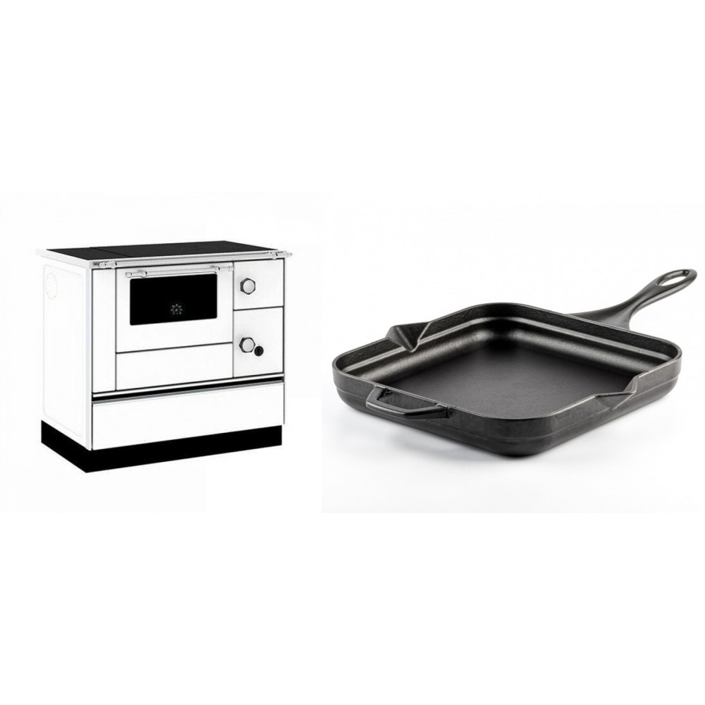 Set Küchenofen / Küchenhexe mit Backofen und Kochplatte Alfa Plam, Modell Alfa 90 H Favorit Weiß, Leistung 6.4kW + Emaillierte Gusseisenpfanne Solagio, Black Onyx, 28x28cm | Kaminofen - Holzofen mit Backfach | Kaminofen |