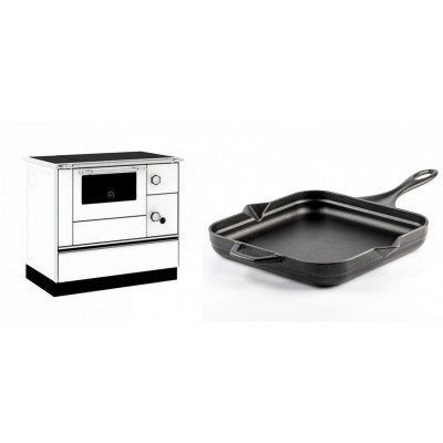 Set Küchenofen / Küchenhexe mit Backofen und Kochplatte Alfa Plam, Modell Alfa 90 H Favorit Weiß, Leistung 6.4kW + Emaillierte Gusseisenpfanne Solagio, Black Onyx, 28x28cm - Kaminofen - Holzofen mit Backfach