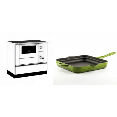 Set Küchenofen / Küchenhexe mit Backofen und Kochplatte Alfa Plam, Modell Alfa 90 H Favorit Weiß, Leistung 6.4kW + Emaillierte Gusseisenpfanne Solagio, Bamboo, 28x28cm - Kaminofen - Holzofen mit Backfach