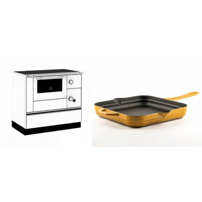 Set Küchenofen / Küchenhexe mit Backofen und Kochplatte Alfa Plam, Modell Alfa 90 H Favorit Weiß, Leistung 6.4kW + Emaillierte Gusseisenpfanne Solagio, Dijon, 28x28cm - Kaminofen - Holzofen mit Backfach
