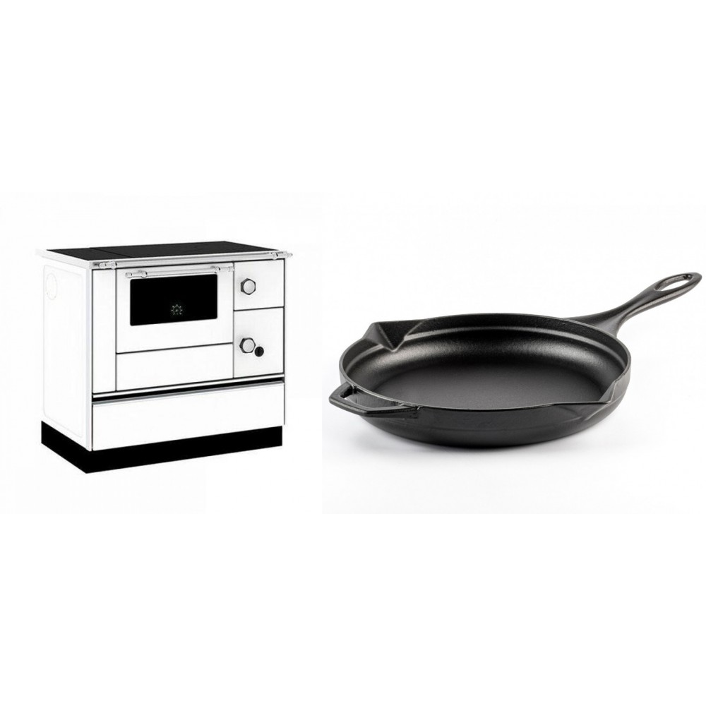 Set Küchenofen / Küchenhexe mit Backofen und Kochplatte Alfa Plam, Modell Alfa 90 H Favorit Weiß, Leistung 6.4kW + Emaillierte Gusseisenpfanne Solagio, Black Onyx, Ф28cm
