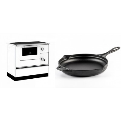 Set Küchenofen / Küchenhexe mit Backofen und Kochplatte Alfa Plam, Modell Alfa 90 H Favorit Weiß, Leistung 6.4kW + Emaillierte Gusseisenpfanne Solagio, Black Onyx, Ф28cm - Kaminofen - Holzofen mit Backfach