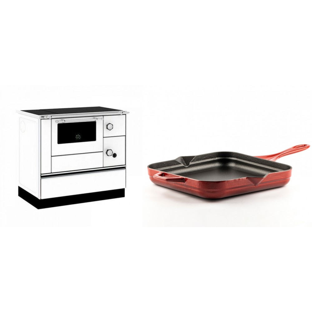 Set Küchenofen / Küchenhexe mit Backofen und Kochplatte Alfa Plam, Modell Alfa 90 H Favorit Weiß, Leistung 6.4kW + Emaillierte Gusseisenpfanne Solagio, Rubin, 28x28cm | Kaminofen - Holzofen mit Backfach | Kaminofen |