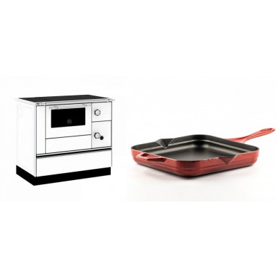Set Küchenofen / Küchenhexe mit Backofen und Kochplatte Alfa Plam, Modell Alfa 90 H Favorit Weiß, Leistung 6.4kW + Emaillierte Gusseisenpfanne Solagio, Rubin, 28x28cm - Kaminofen - Holzofen mit Backfach