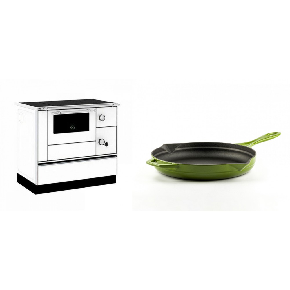Set Küchenofen / Küchenhexe mit Backofen und Kochplatte Alfa Plam, Modell Alfa 90 H Favorit Weiß, Leistung 6.4kW + Emaillierte Gusseisenpfanne Solagio, Bamboo, Ф24cm