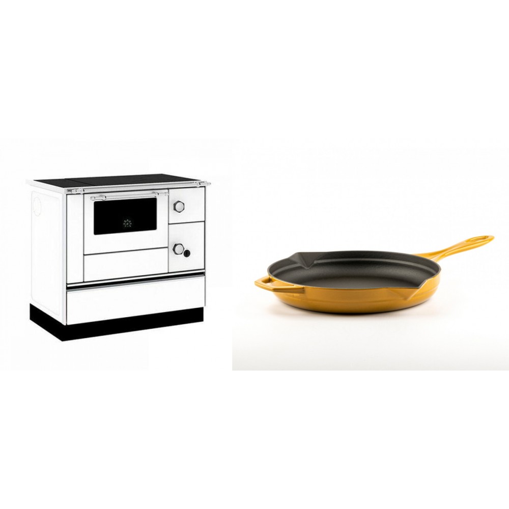 Set Küchenofen / Küchenhexe mit Backofen und Kochplatte Alfa Plam, Modell Alfa 90 H Favorit Weiß, Leistung 6.4kW + Emaillierte Gusseisenpfanne Solagio, Dijon, Ф24cm | Kaminofen - Holzofen mit Backfach | Kaminofen |