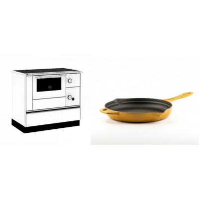 Set Küchenofen / Küchenhexe mit Backofen und Kochplatte Alfa Plam, Modell Alfa 90 H Favorit Weiß, Leistung 6.4kW + Emaillierte Gusseisenpfanne Solagio, Dijon, Ф24cm - Kaminofen - Holzofen mit Backfach