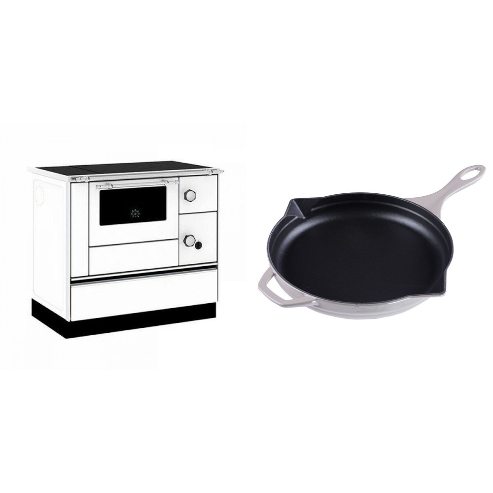Set Küchenofen / Küchenhexe mit Backofen und Kochplatte Alfa Plam, Modell Alfa 90 H Favorit Weiß, Leistung 6.4kW + Emaillierte Gusseisenpfanne Solagio, Ivory, Ф28cm | Kaminofen - Holzofen mit Backfach | Kaminofen |