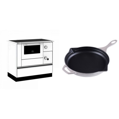 Set Küchenofen / Küchenhexe mit Backofen und Kochplatte Alfa Plam, Modell Alfa 90 H Favorit Weiß, Leistung 6.4kW + Emaillierte Gusseisenpfanne Solagio, Ivory, Ф28cm - Kaminofen - Holzofen mit Backfach