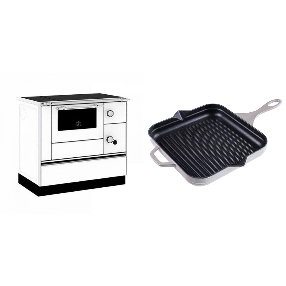 Set Küchenofen / Küchenhexe mit Backofen und Kochplatte Alfa Plam, Modell Alfa 90 H Favorit Weiß, Leistung 6.4kW + Emaillierte grillpfanne Gusseisen Solagio, Ivory, 28x28cm