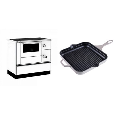 Set Küchenofen / Küchenhexe mit Backofen und Kochplatte Alfa Plam, Modell Alfa 90 H Favorit Weiß, Leistung 6.4kW + Emaillierte grillpfanne Gusseisen Solagio, Ivory, 28x28cm - Kaminofen - Holzofen mit Backfach