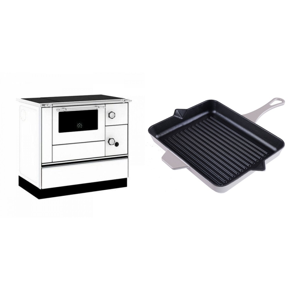 Set Küchenofen / Küchenhexe mit Backofen und Kochplatte Alfa Plam, Modell Alfa 90 H Favorit Weiß, Leistung 6.4kW + Emaillierte grillpfanne Gusseisen Solagio, Ivory, 26x32cm | Kaminofen - Holzofen mit Backfach | Kaminofen |
