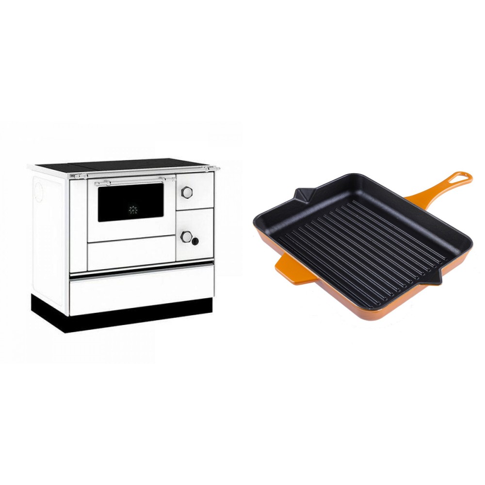 Set Küchenofen / Küchenhexe mit Backofen und Kochplatte Alfa Plam, Modell Alfa 90 H Favorit Weiß, Leistung 6.4kW + Emaillierte grillpfanne Gusseisen Solagio, Dijon, 26x32cm