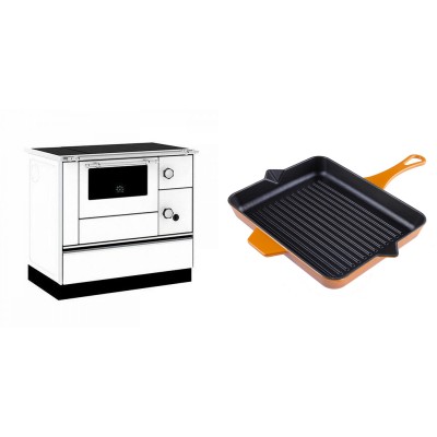 Set Küchenofen / Küchenhexe mit Backofen und Kochplatte Alfa Plam, Modell Alfa 90 H Favorit Weiß, Leistung 6.4kW + Emaillierte grillpfanne Gusseisen Solagio, Dijon, 26x32cm - Kaminofen - Holzofen mit Backfach