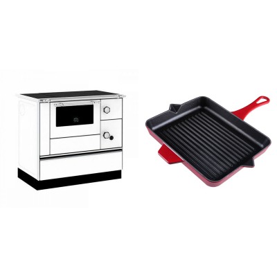 Set Küchenofen / Küchenhexe mit Backofen und Kochplatte Alfa Plam, Modell Alfa 90 H Favorit Weiß, Leistung 6.4kW + Emaillierte grillpfanne Gusseisen Solagio, Rubin, 26x32cm - Kaminofen - Holzofen mit Backfach