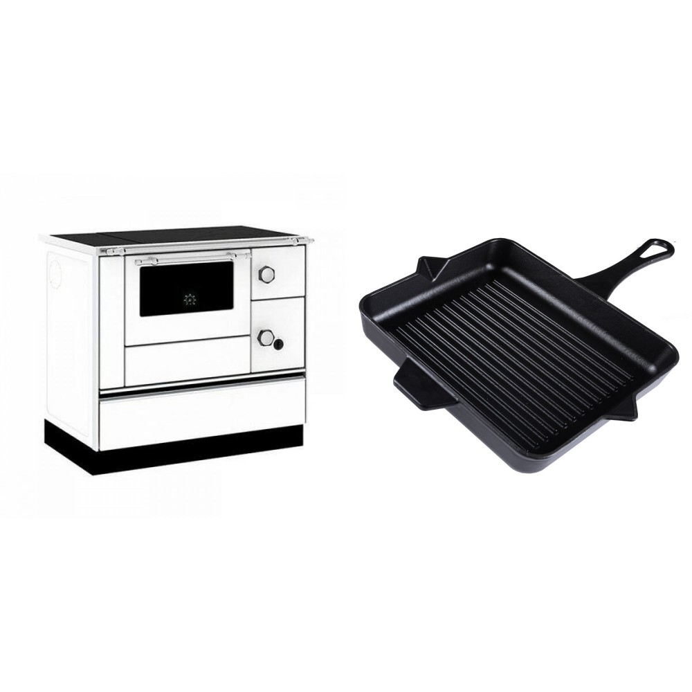 Set Küchenofen / Küchenhexe mit Backofen und Kochplatte Alfa Plam, Modell Alfa 90 H Favorit Weiß, Leistung 6.4kW + Emaillierte grillpfanne Gusseisen Solagio, Black Onyx, 26x32cm | Kaminofen - Holzofen mit Backfach | Kaminofen |