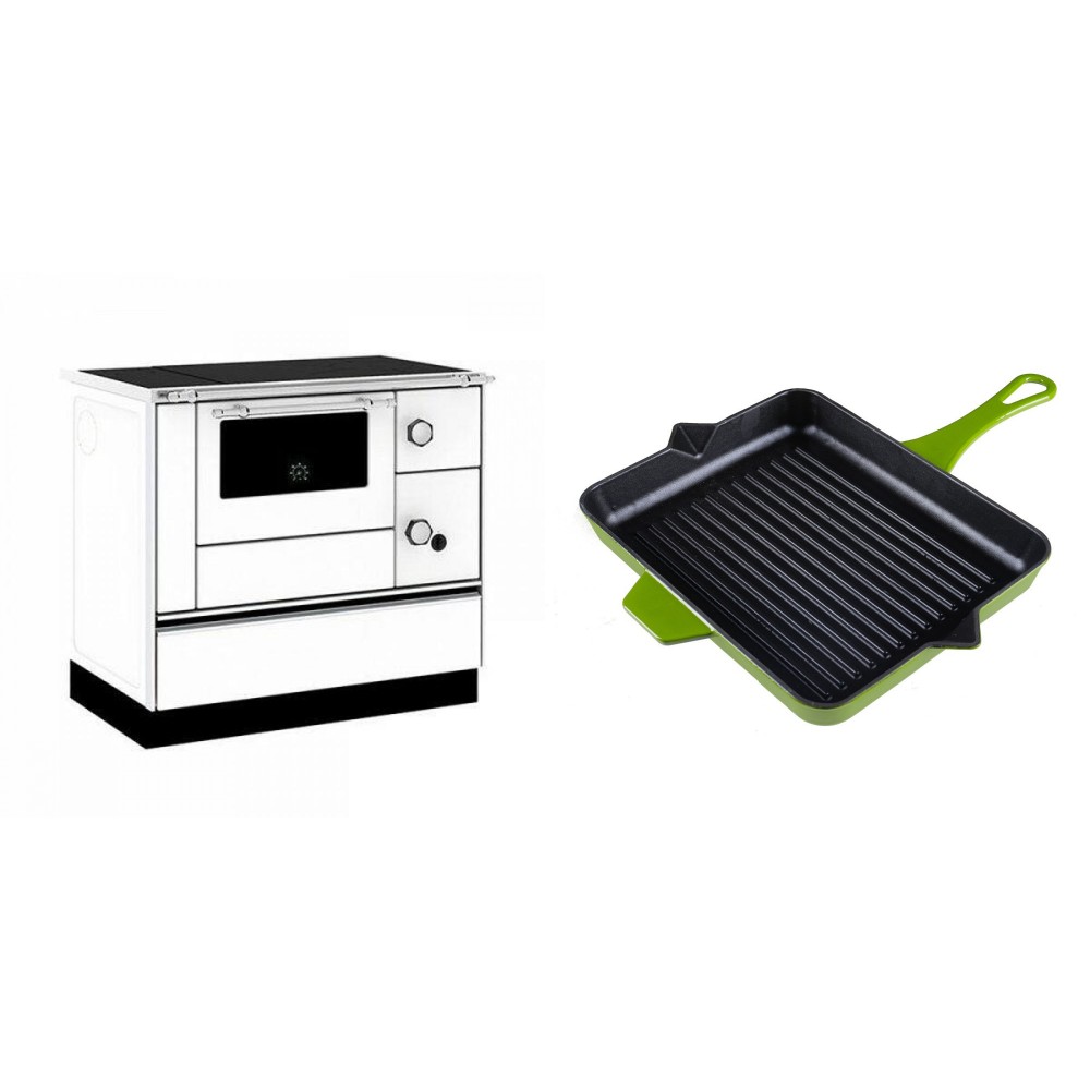 Set Küchenofen / Küchenhexe mit Backofen und Kochplatte Alfa Plam, Modell Alfa 90 H Favorit Weiß, Leistung 6.4kW + Emaillierte grillpfanne Gusseisen Solagio, Bamboo, 26x32cm | Kaminofen - Holzofen mit Backfach | Kaminofen |