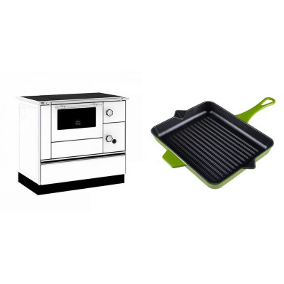 Set Küchenofen / Küchenhexe mit Backofen und Kochplatte Alfa Plam, Modell Alfa 90 H Favorit Weiß, Leistung 6.4kW + Emaillierte grillpfanne Gusseisen Solagio, Bamboo, 26x32cm - Kaminofen - Holzofen mit Backfach