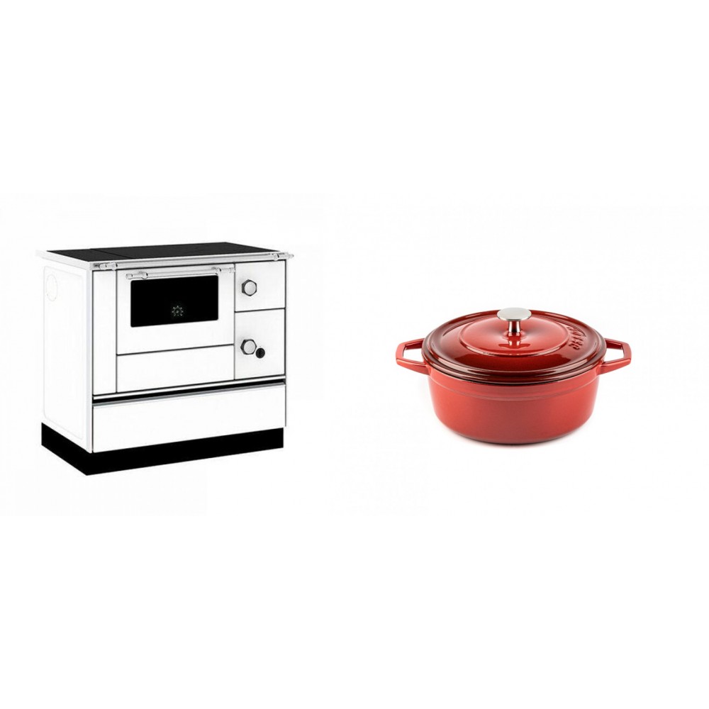 Set Küchenofen / Küchenhexe mit Backofen und Kochplatte Alfa Plam, Modell Alfa 90 H Favorit Weiß, Leistung 6.4kW + Gusseisen Topf Tiefer Solagio, Rubin, Ф12