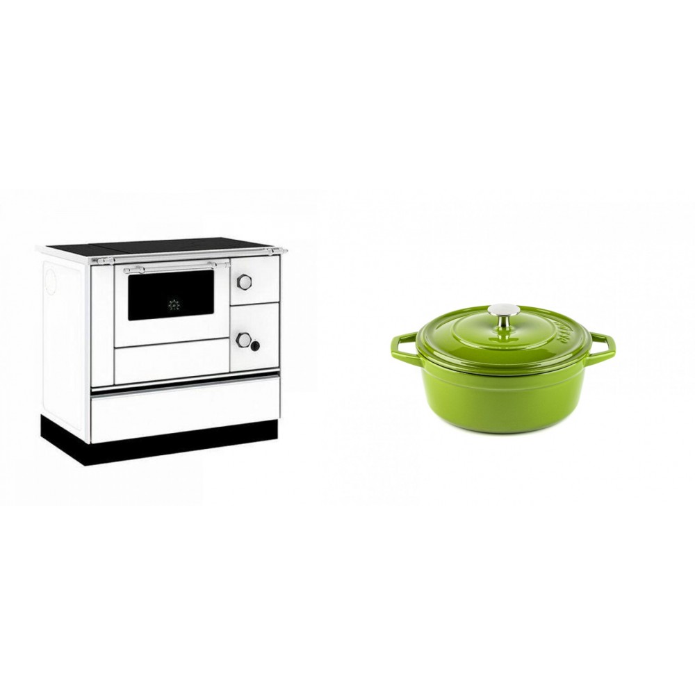 Set Küchenofen / Küchenhexe mit Backofen und Kochplatte Alfa Plam, Modell Alfa 90 H Favorit Weiß, Leistung 6.4kW + Gusseisen Topf Tiefer Solagio, Bamboo, Ф12 | Kaminofen - Holzofen mit Backfach | Kaminofen |