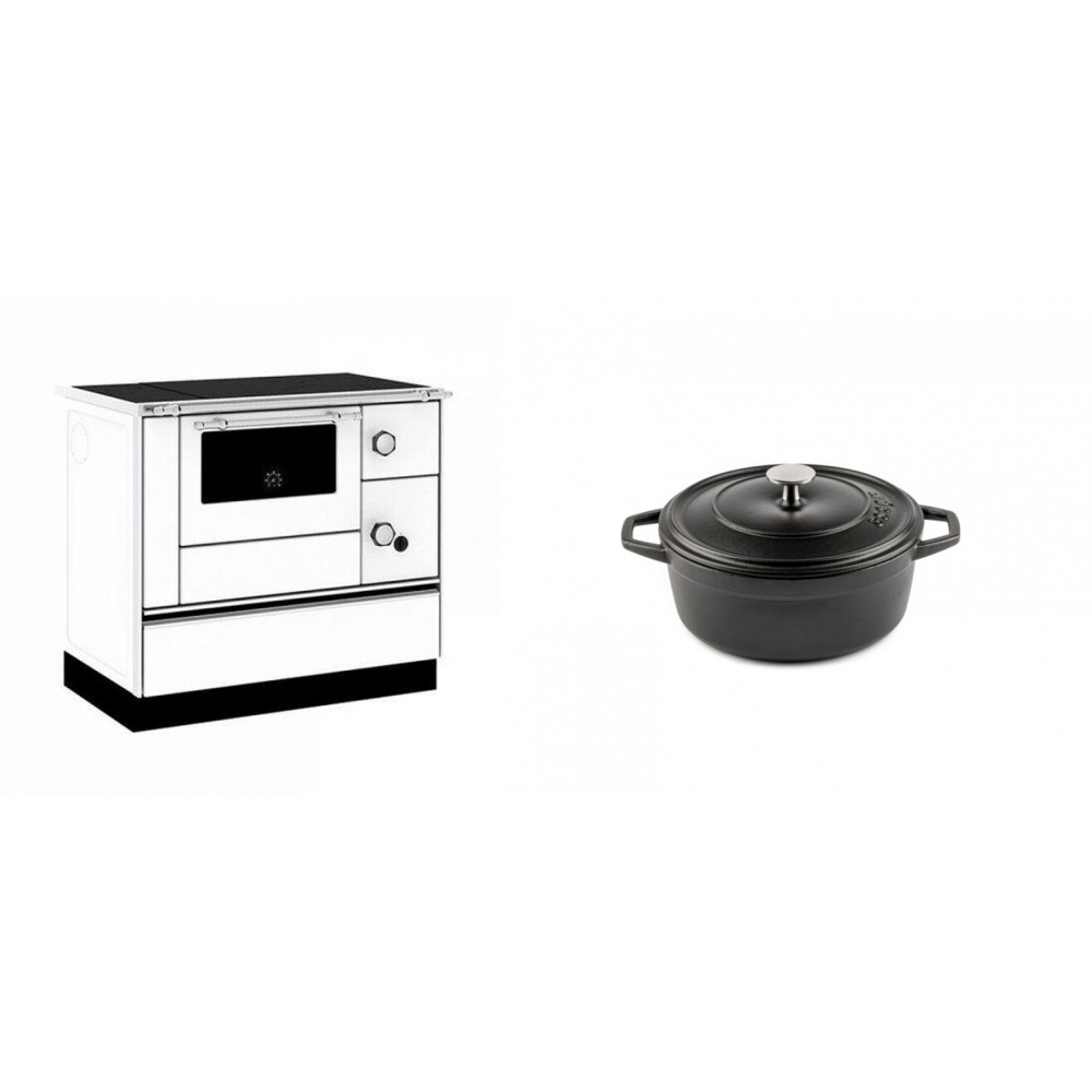 Set Küchenofen / Küchenhexe mit Backofen und Kochplatte Alfa Plam, Modell Alfa 90 H Favorit Weiß, Leistung 6.4kW + Gusseisen Topf Tiefer Solagio, Black Onyx, Ф12