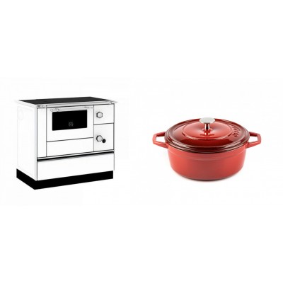 Set Küchenofen / Küchenhexe mit Backofen und Kochplatte Alfa Plam, Modell Alfa 90 H Favorit Weiß, Leistung 6.4kW + Gusseisen Topf Tiefer Solagio, Rubin, Ф20 - Kaminofen - Holzofen mit Backfach
