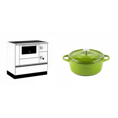 Set Küchenofen / Küchenhexe mit Backofen und Kochplatte Alfa Plam, Modell Alfa 90 H Favorit Weiß, Leistung 6.4kW + Gusseisen Topf Tiefer Solagio, Bamboo, Ф20 - Kaminofen - Holzofen mit Backfach