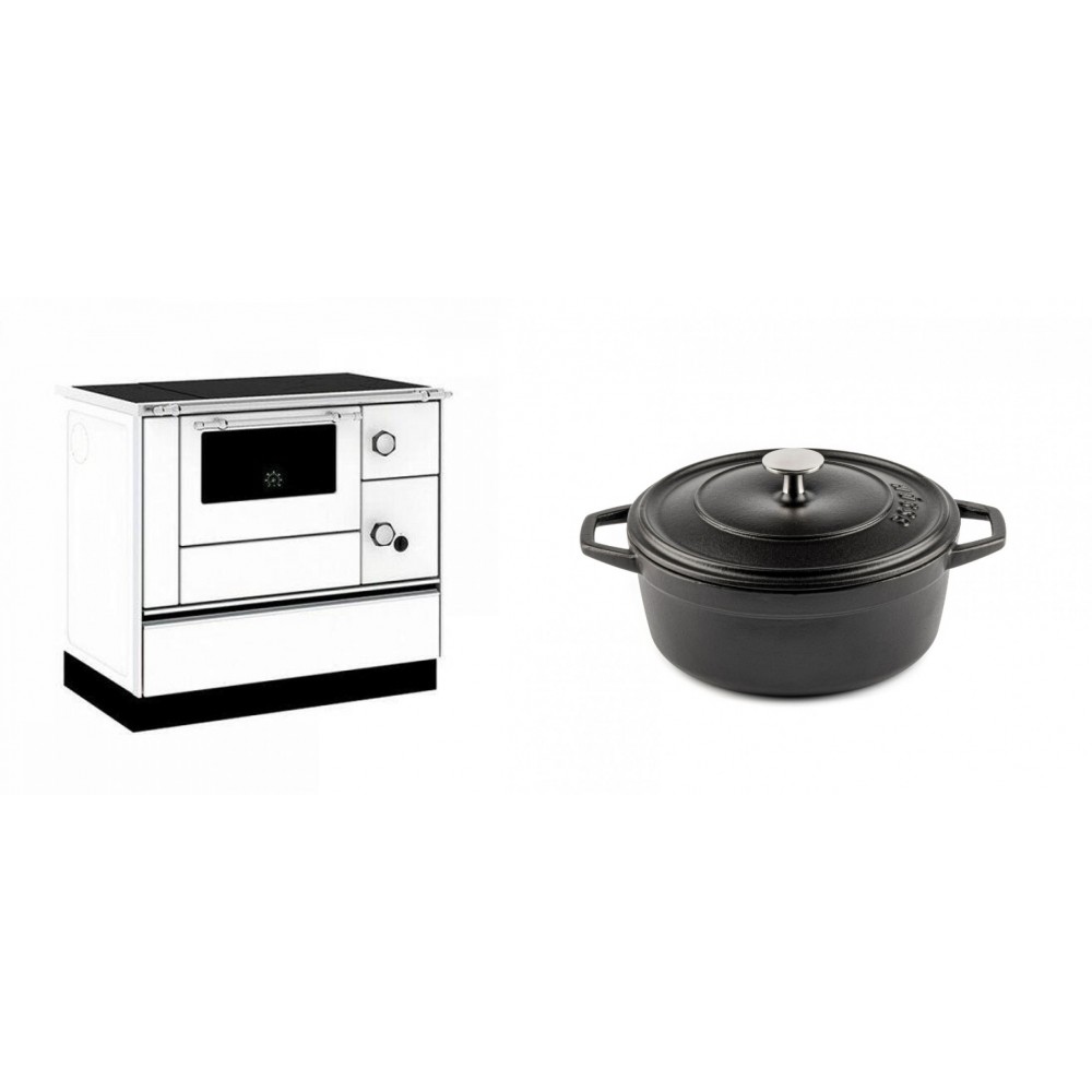 Set Küchenofen / Küchenhexe mit Backofen und Kochplatte Alfa Plam, Modell Alfa 90 H Favorit Weiß, Leistung 6.4kW + Gusseisen Topf Tiefer Solagio, Black Onyx, Ф20