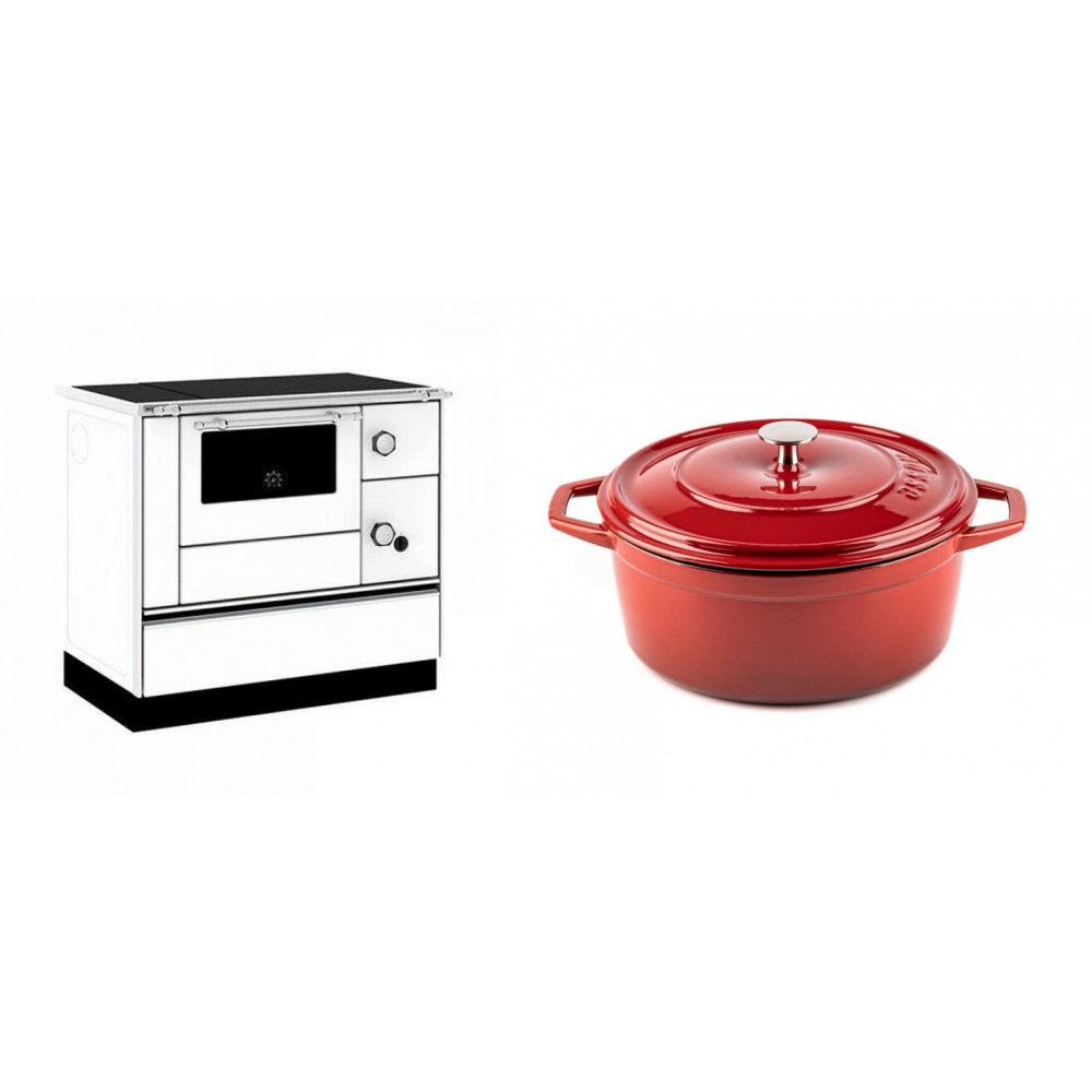 Set Küchenofen / Küchenhexe mit Backofen und Kochplatte Alfa Plam, Modell Alfa 90 H Favorit Weiß, Leistung 6.4kW + Gusseisen Topf Tiefer Solagio, Rubin, Ф24