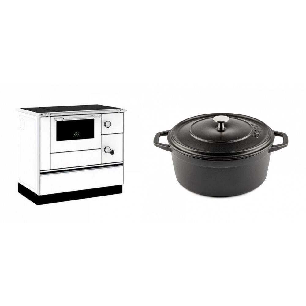 Set Küchenofen / Küchenhexe mit Backofen und Kochplatte Alfa Plam, Modell Alfa 90 H Favorit Weiß, Leistung 6.4kW + Gusseisen Topf Tiefer Solagio, Black Onyx, Ф24 | Kaminofen - Holzofen mit Backfach | Kaminofen |